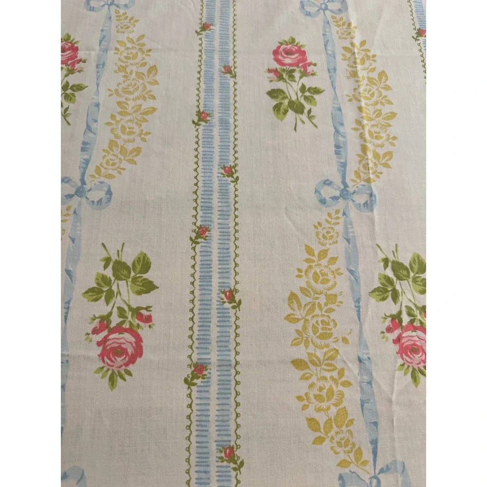 Vintage Cottagecore Full Flat Sheet Pink Roses Blue Bows‎ Eyelet Lace Trim White